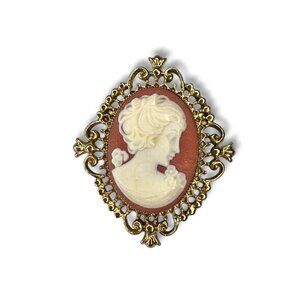 Vintage Avon Gold Tone Cameo Perfume Solid Locket Brooch